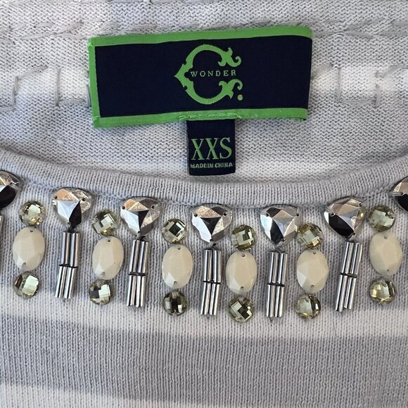 C Wonder Sweater XXS Womens Grey Cream‎ Jewel Boat Neck Striped Pullover - Picture 8 of 9